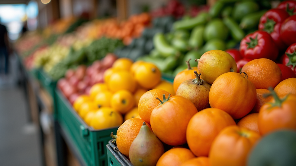 Plano detalle de frutas y verduras frescas en un mercado local