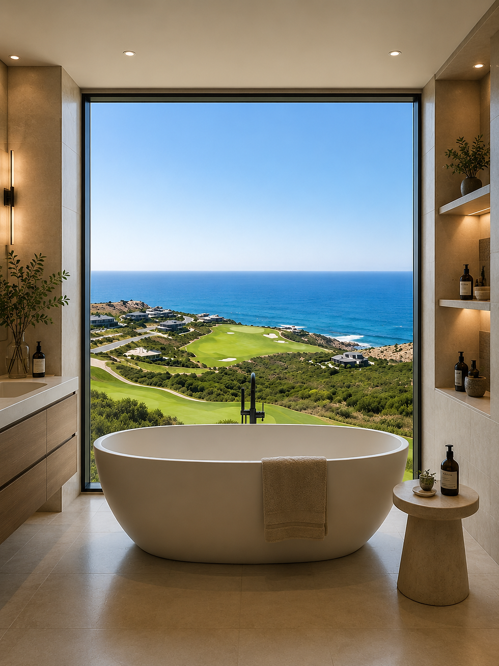 Modern bathroom with smart privacy film and ocean view