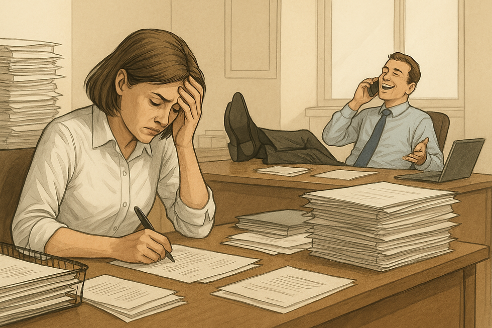 An overworked woman ona. desk, with man laughing on a working desk next to her 