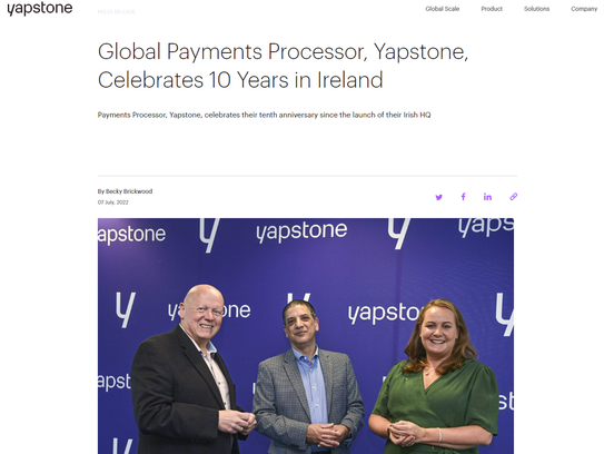 Global Payments Processor, Yapstone, Celebrates 10 Years in Ireland