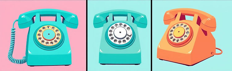5 retro rotary phones in turquoise and magenta and other bright colors, in side by side sq