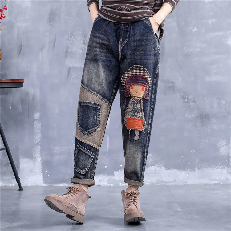 Chikiwiki Ethnic Style Embroidered Retro Elastic Waist Jeans
