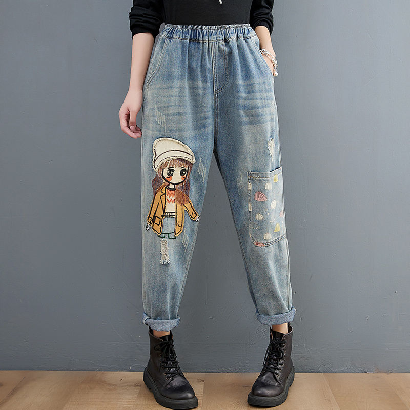 Chikiwiki Cartoon Stickers Embroidered Jeans For Women