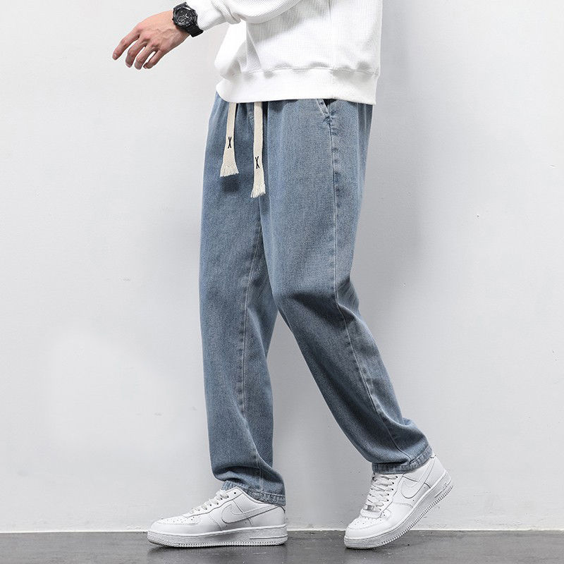 Chikiwiki Summer Loose Wide Leg Jeans Pants Men Fashion Drawstring Elasticated