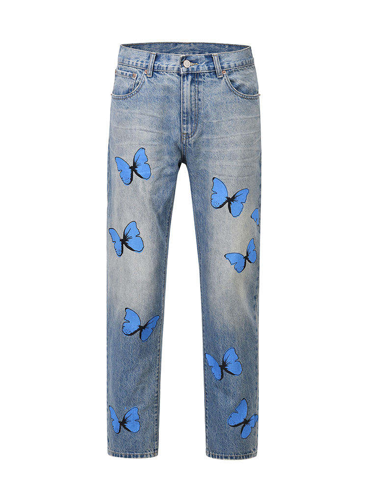 Chikiwiki Men's And Women's Hip-hop Butterfly Print Fitted Small-foot Jeans