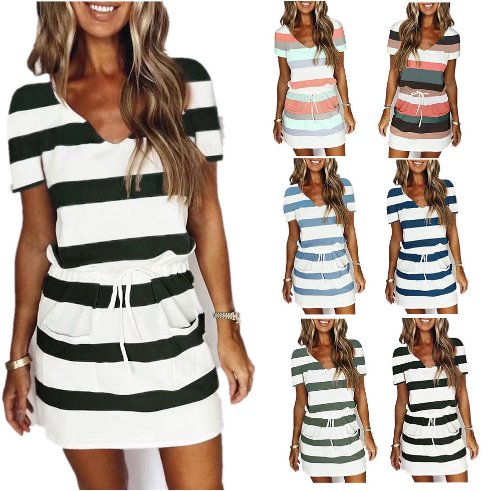 Chikiwiki Striped Print Short-sleeved Dresses Summer Fashion V-neck Drawstring