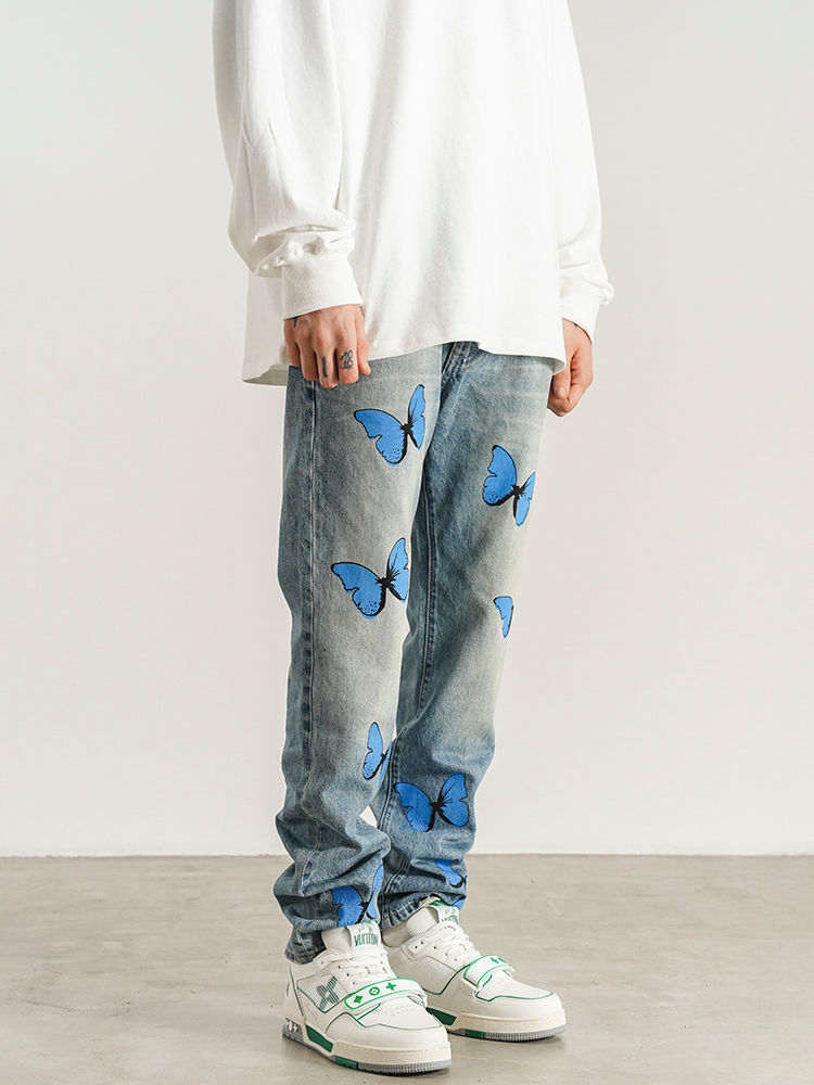 Chikiwiki Men's And Women's Hip-hop Butterfly Print Fitted Small-foot Jeans