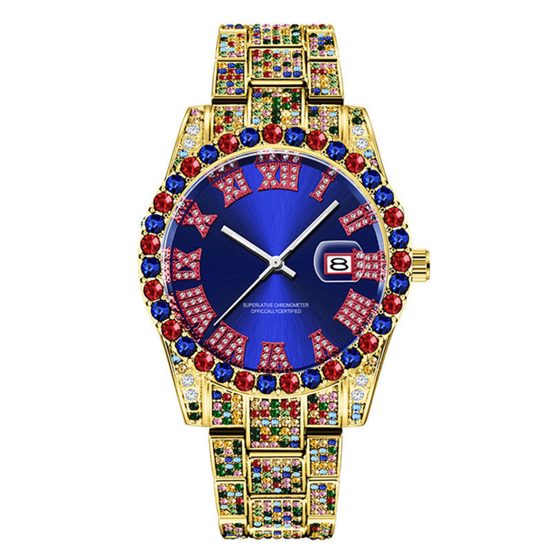 Chikiwiki Hip Hop Men Fashion Color Full Diamond Date Quartz Watches