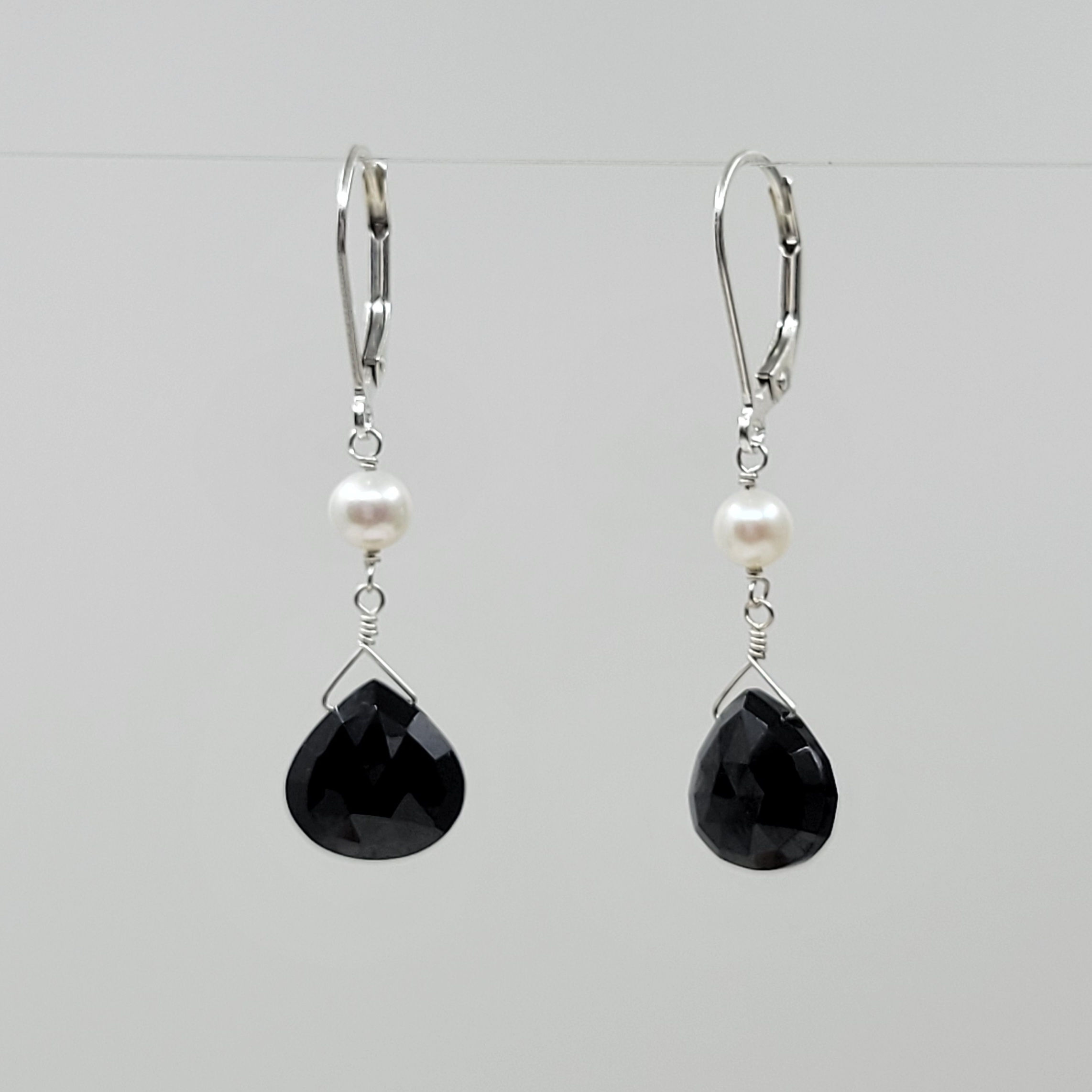Black spinel drops and pearls in sterling silver