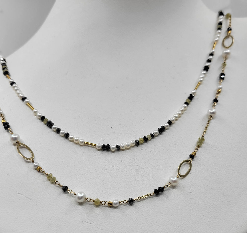 Thumbnail: Necklace black and yellow faceted diamonds, pearls and yellow gold beads