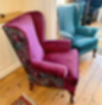 Thumbnail: Wingback chair in purple and floral velvet
