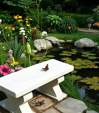 a stone white bench looking over a garden and pond with butterflies and birds.jpg