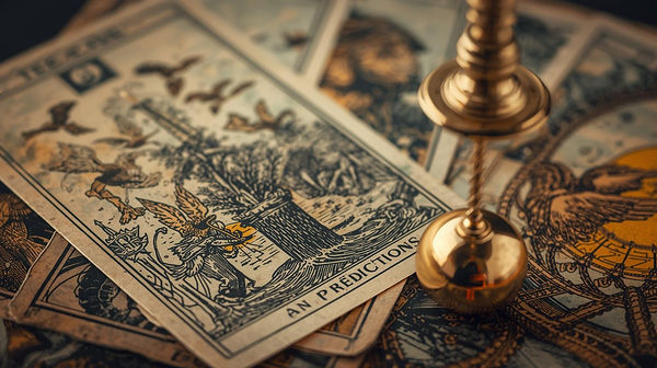 In a vintage style, design an image showing predictive tarot cards, a dowsing pendulum, an