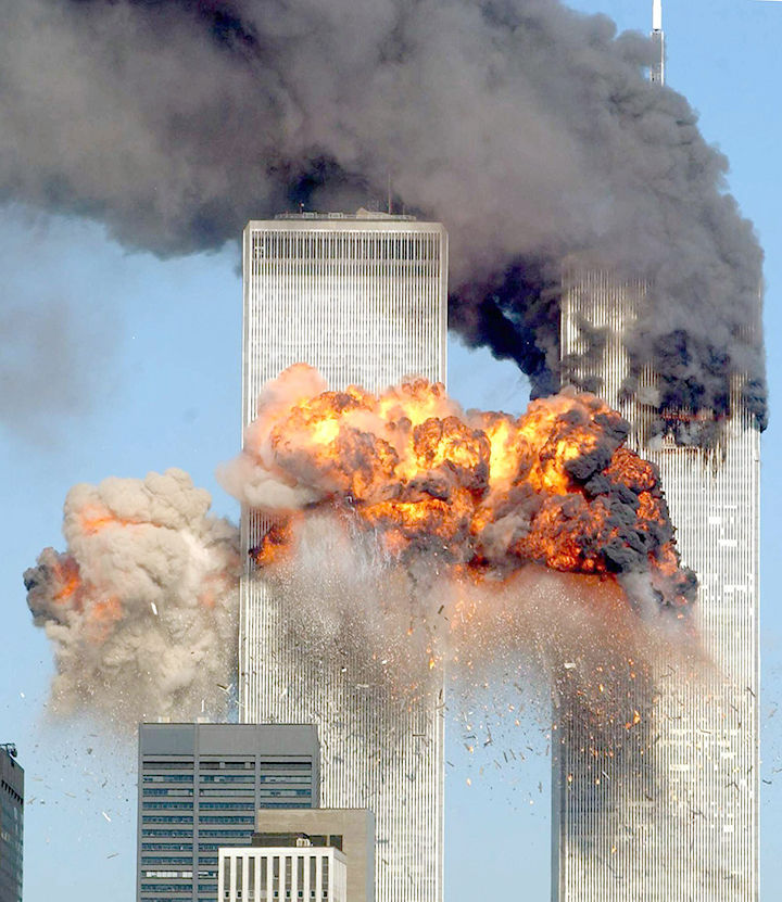 A sight that shook Americans to the very core. The South Tower of the World Trade Center just after 8:00 a.m. on September 11, 2001 is struck by a commercial flight. A true act of terrorism on American soil. Used with permission, 9/12/2001 CNN