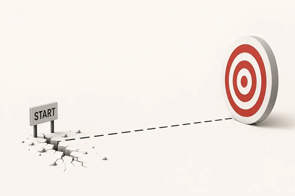 Minimal illustration showing a cracked starting point leading towards a target, representing the risk of setting project targets without a credible baseline.