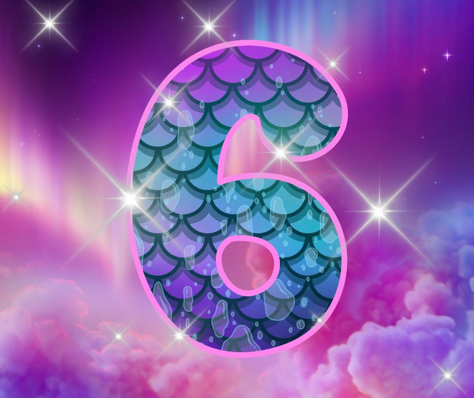 Number 6 with a scaly, mermaid-like pattern in pink outline on a starry purple background with sparkling lights and colorful clouds.