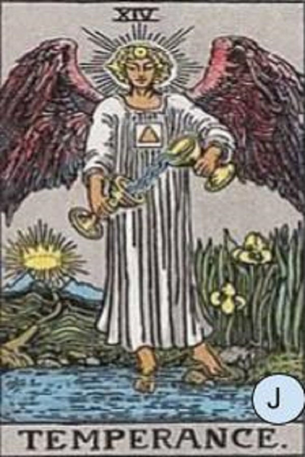 An angel with red wings stands by a stream, pouring liquid between cups. There's greenery, flowers, and a sun. Text reads "TEMPERANCE".