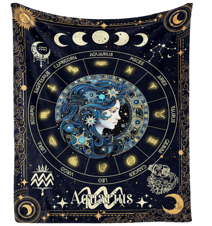 Zodiac-themed tapestry with a blue-haired figure in the center, surrounded by zodiac signs and moon phases. The word "Aquarius" is displayed.