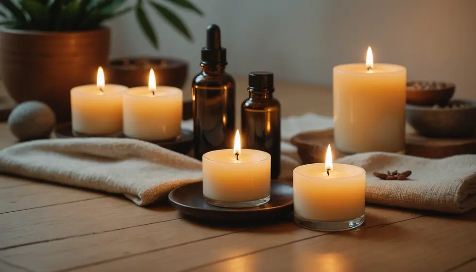 Candles and essential oil bottles on a wooden table with a cloth. Warm lighting creates a calm, soothing atmosphere.