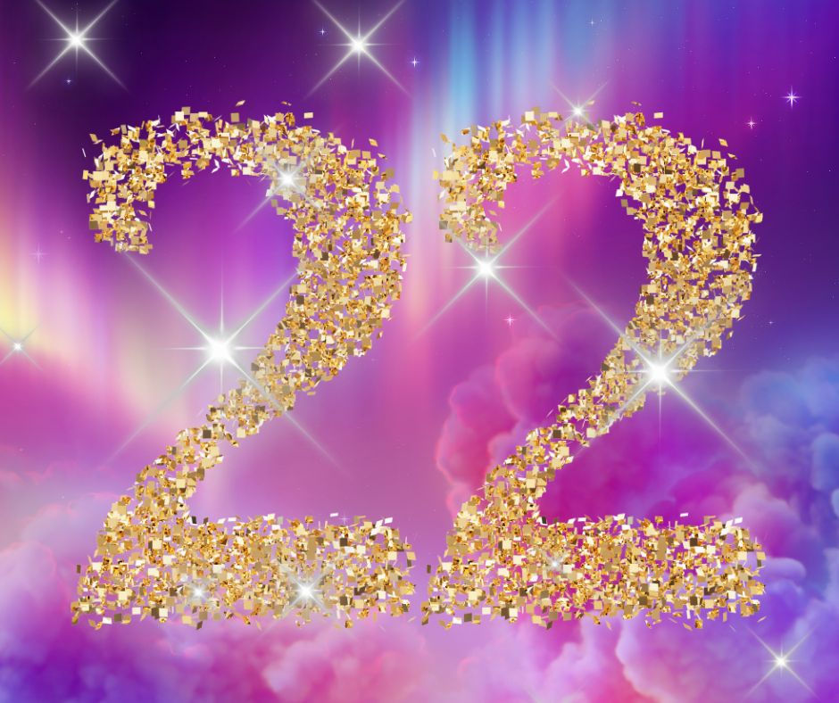 Gold glitter "22" on a colorful aurora sky background, with stars and clouds, creating a magical, celebratory mood.