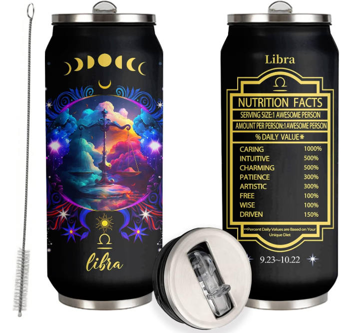 Libra-themed black tumbler with vibrant celestial design and "Nutrition Facts" parody. Includes cleaning brush and lid. Mystical mood.