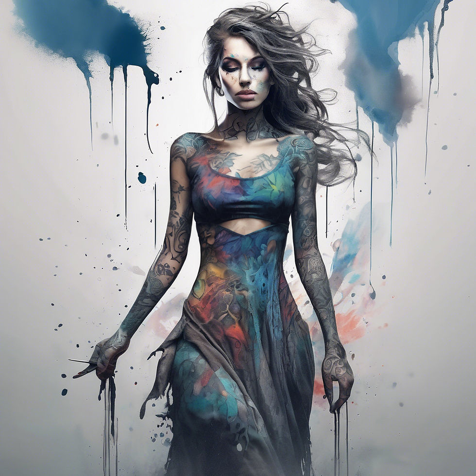 A woman in a colorful, flowing dress with paint splatters and tattoos stands against a drippy, abstract background, exuding a serene demeanor.