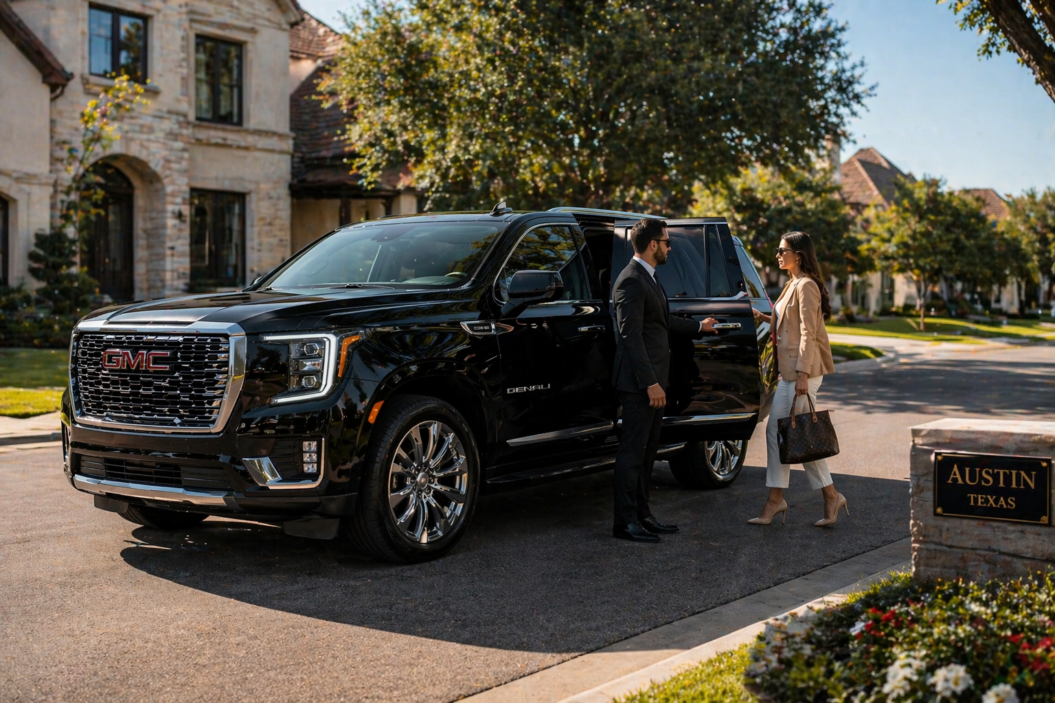 Chauffeur driving 6 smiling passengers in an XL SUV
