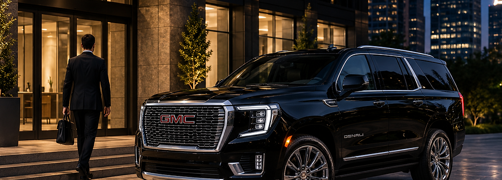 Professional exiting black luxury SUV at modern building