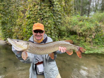 Man on a Guided fishing trip holding a Pike