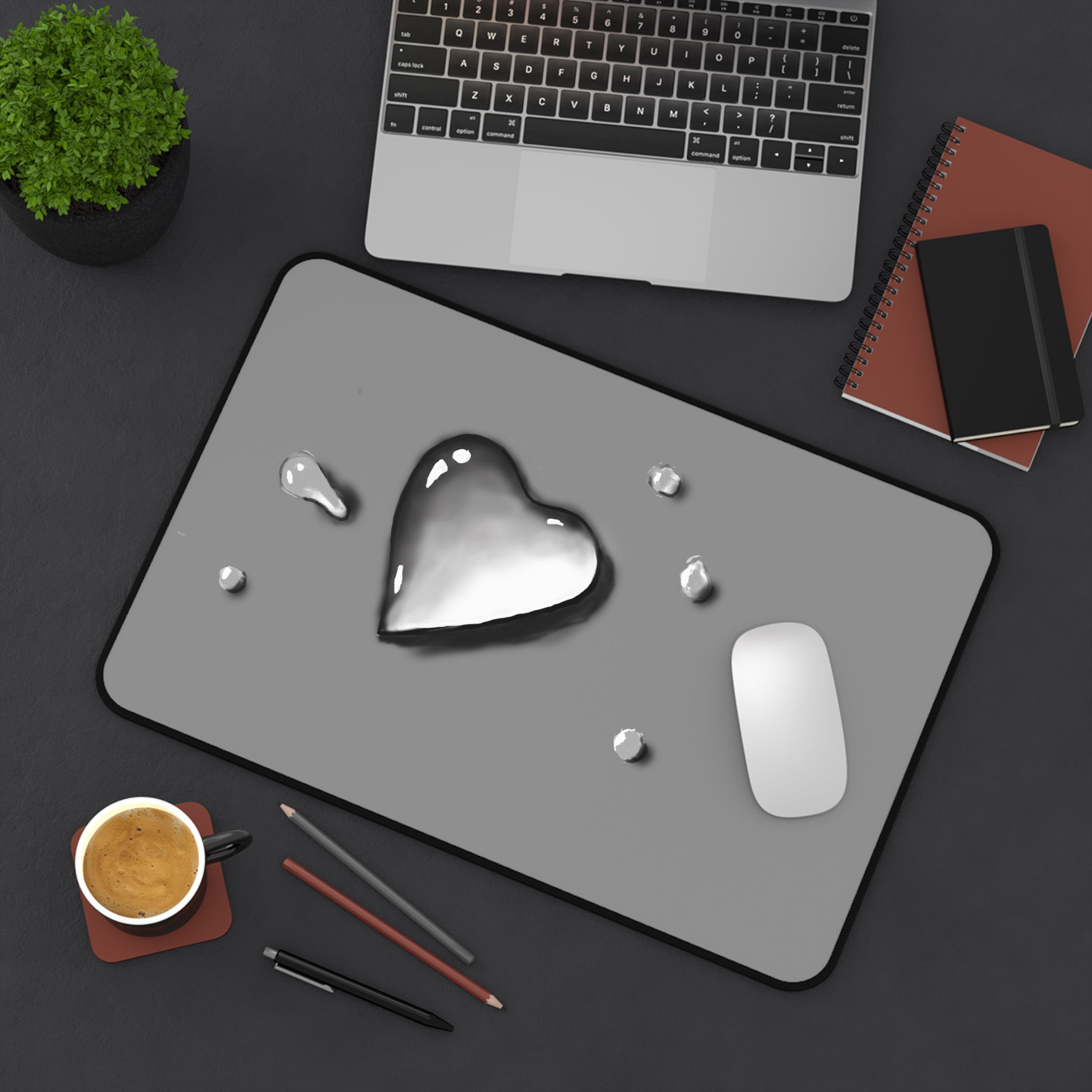 Metallic Heart Desk Mat — Water Droplet Mouse Pad for Office & Gaming