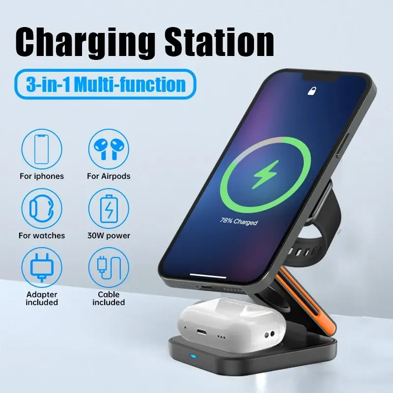 Thumbnail: 3 in 1 Foldable Charging Station Fast Magnetic Wireless Charger Stand for iPhone