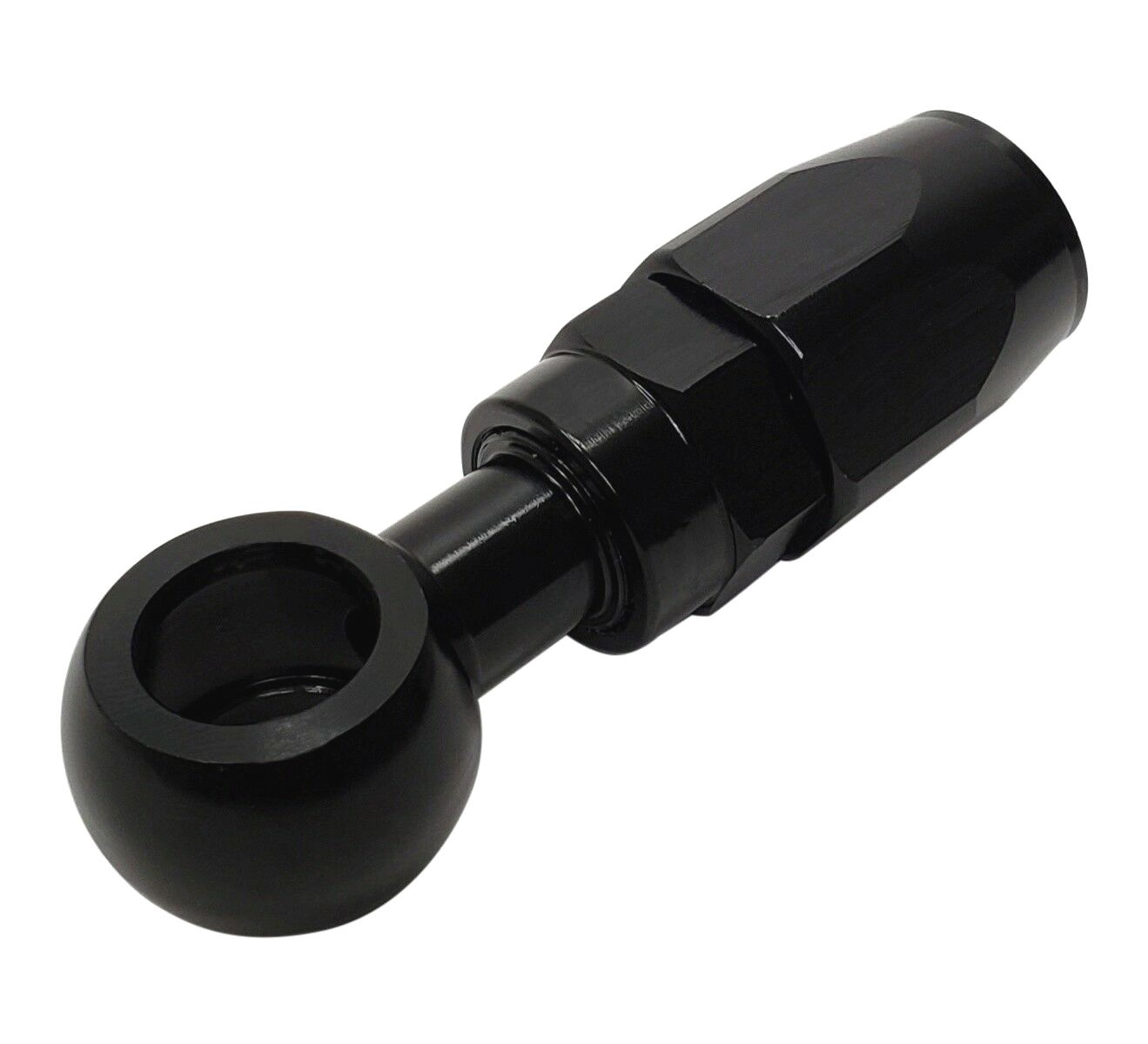 Black anodized swivel banjo hose end. M12