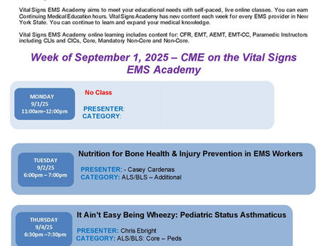 Vital Signs Academy - Week of 9/1