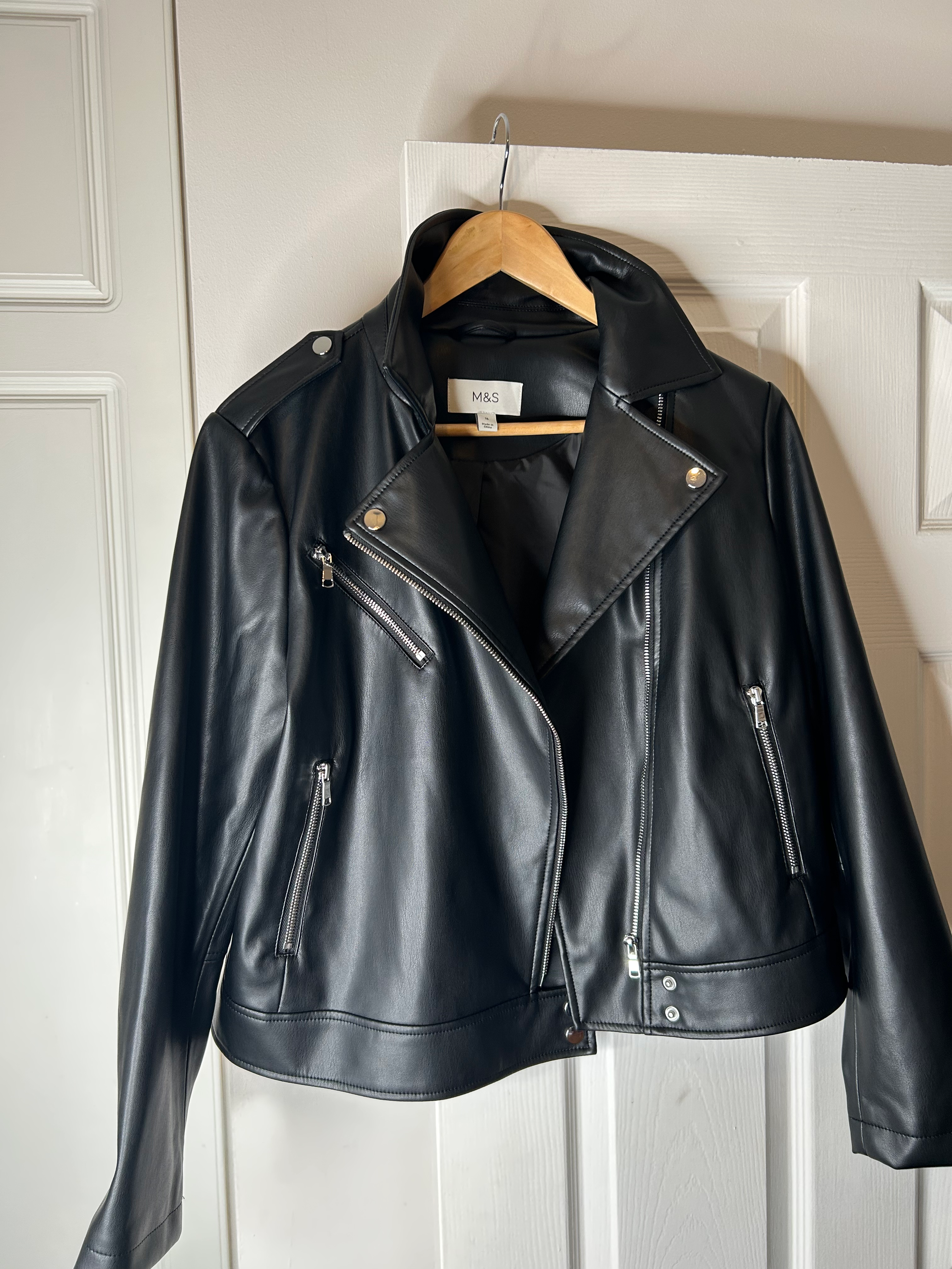 M&S Faux Leather Biker Jacket in Black .. Size 16 … New without tags 