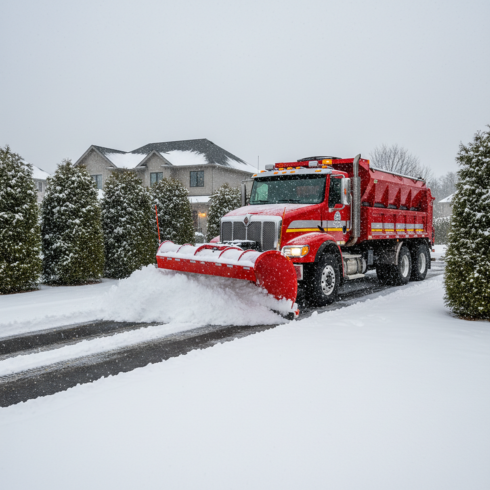 A snow plow truck going down a street during a blizzard.