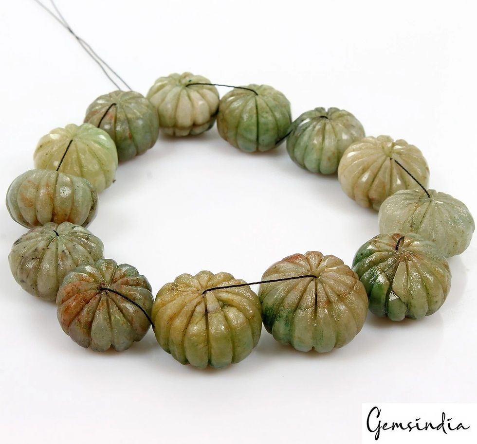 Thumbnail: 700 Ct Natural Green Emerald Melon Hand Carved Bead Loose Wholesale Gem Lot 13Pc