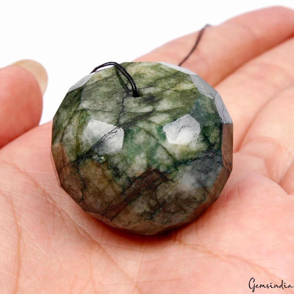 Thumbnail: 182 Ct Natural Green Emerald Round Faceted 31mm Drilled Huge Size Bead Gemstone
