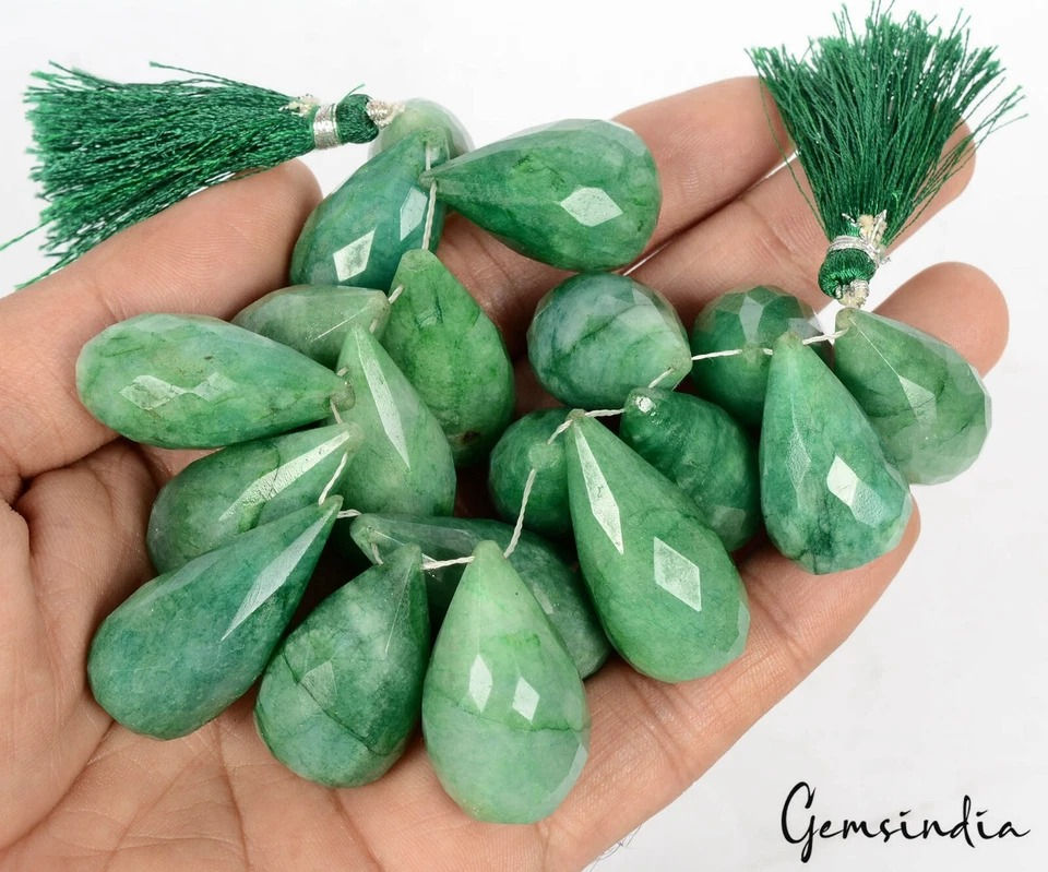 Thumbnail: Natural 1020 Cts Green Emerald Pear Checker Cut Beads/Briolette Loose Gemstone