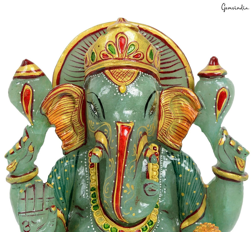 Thumbnail: 2.4 Kg Natural Green Aventurine Hand Crafted Lord Ganesha Gold Paint Sculpture