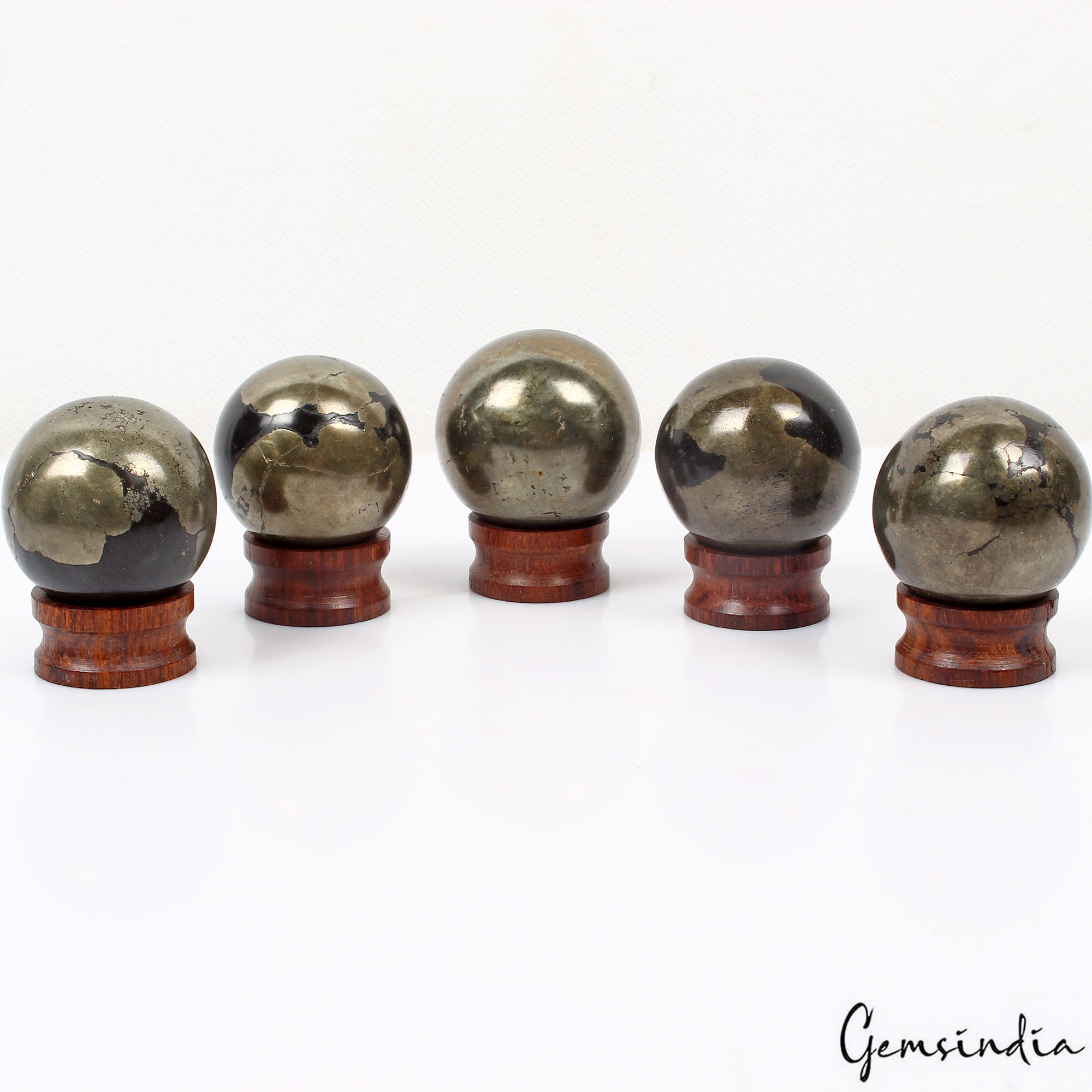 Lot of 5 Pyrite Spheres Crystal Ball w/ Stands - Natural Iron Fool's Gold Stone