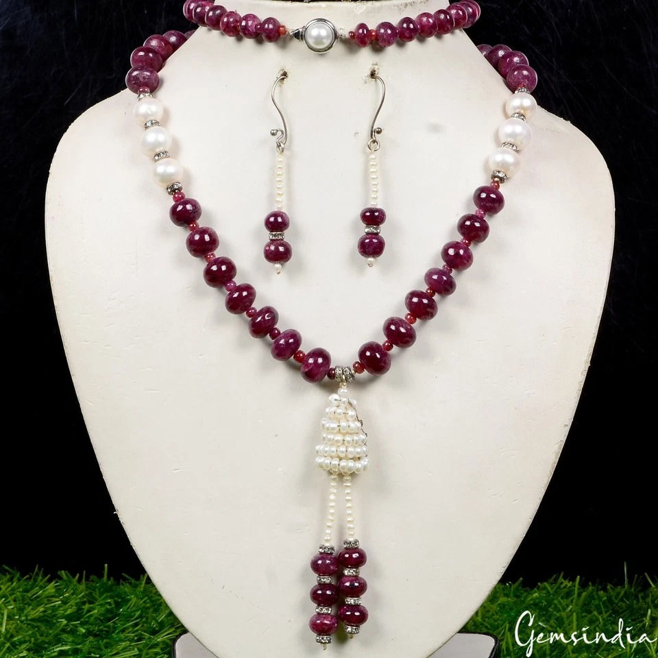 Miniaturbild: 696.70 Cts Natural Red Ruby & Freshwater Pearl Round Beaded Handmade Jewelry Set