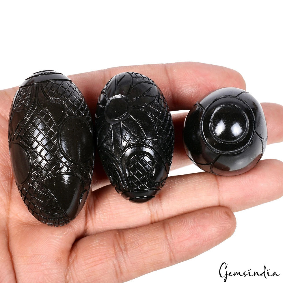 Miniaturbild: 850 Ct Black Onyx Agate Carved Crystal Egg Oval Shape Reiki Healing Gemstones 3P