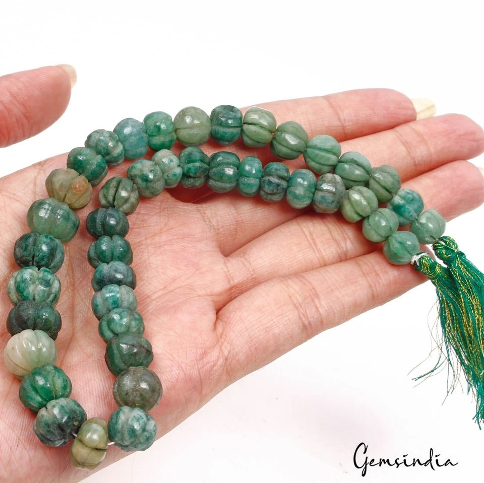 Миниатюра: 210 Ct Natural Green Emerald Round Drilled Pumpkin Carved Bead Gems Strand 12"