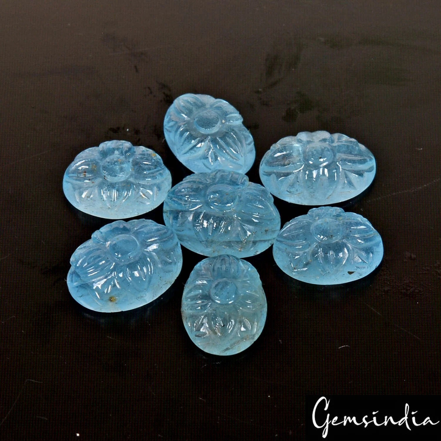 17.20 Ct/7 Pcs Natural Untreated Blue Aquamarine Oval Hand Carved Gems For Jewel