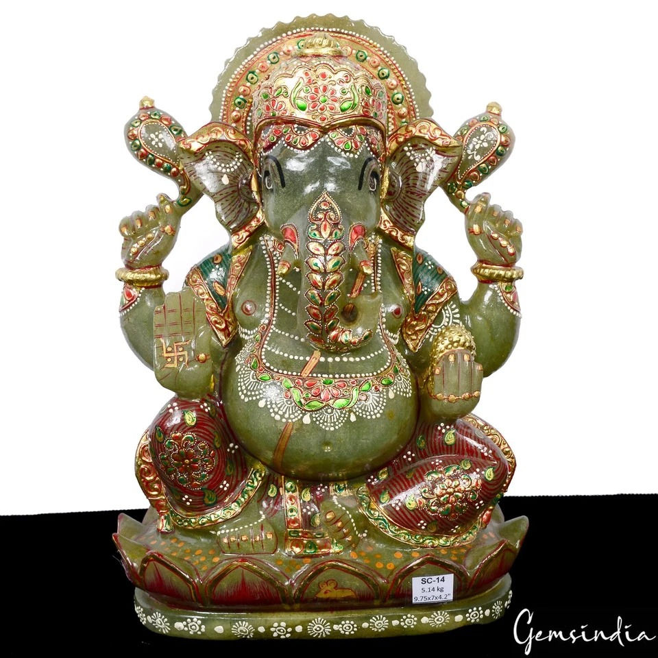 Miniature : 5.1 Kg Natural Aventurine Singlestone Carved Lord Ganesha Gold Paint Sculpture