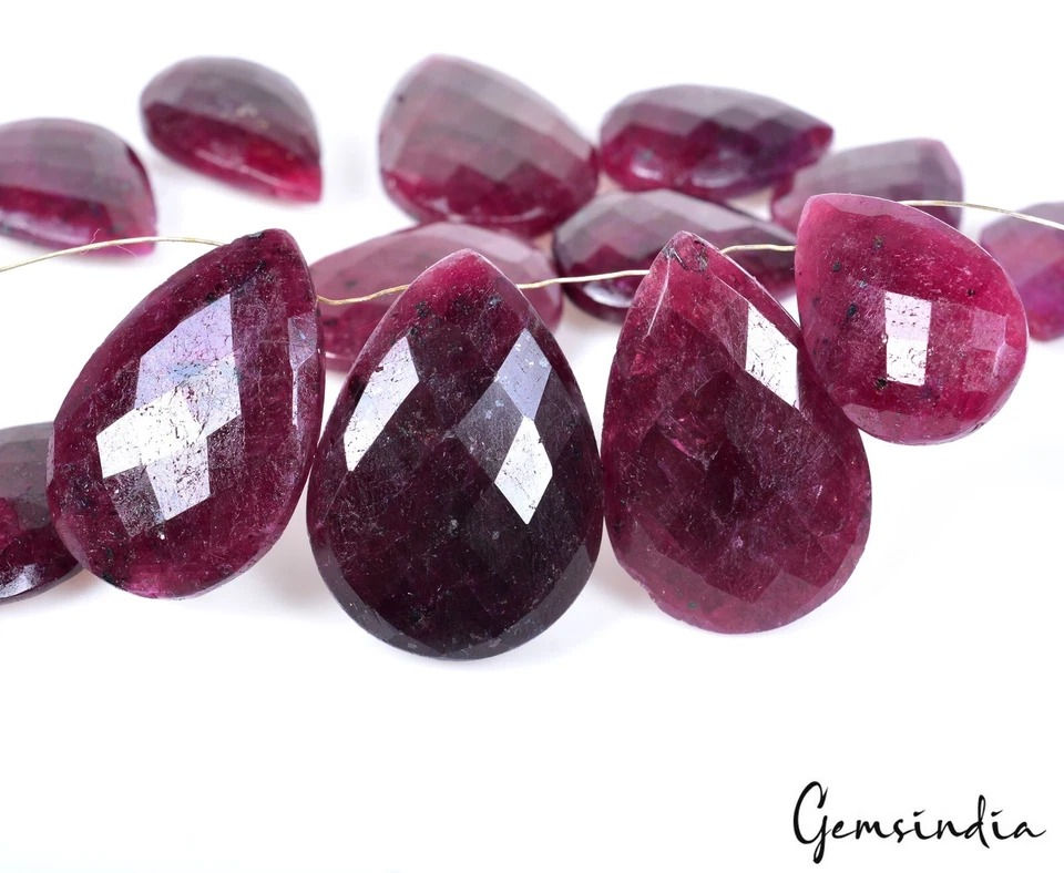 680 Ct/14 Pc Natural Red Ruby Almond Checker cut Drilled Beads/Briolettes~2-35mm