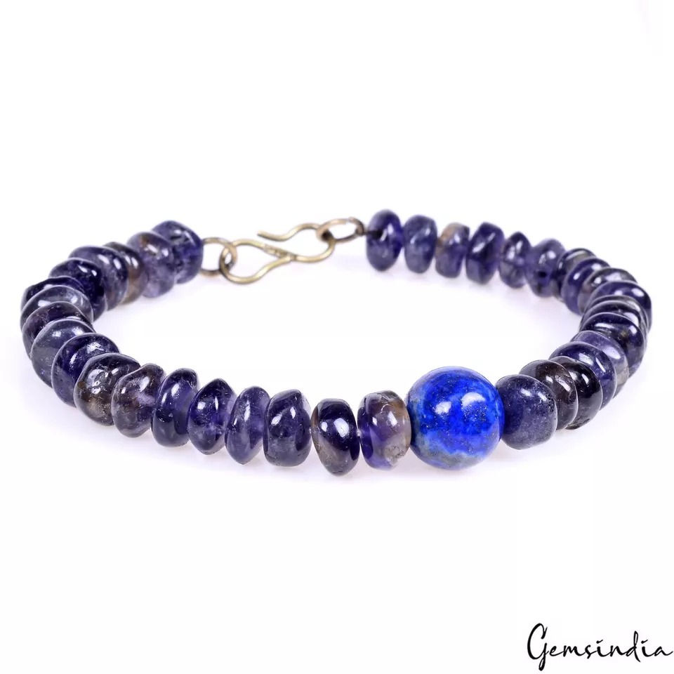 Thumbnail: 70.60 Ct Natural Blue Untreated Iolite Lapis Round Beaded Handmade Bracelet 6.5"