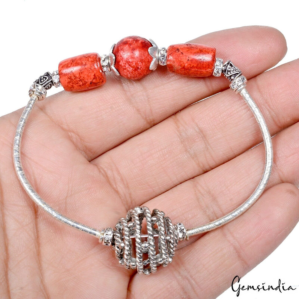 Miniatura: 90.60 Cts Dark Orange Coral Gem Silver Stretchable Designer 6.5 Inch Bracelet