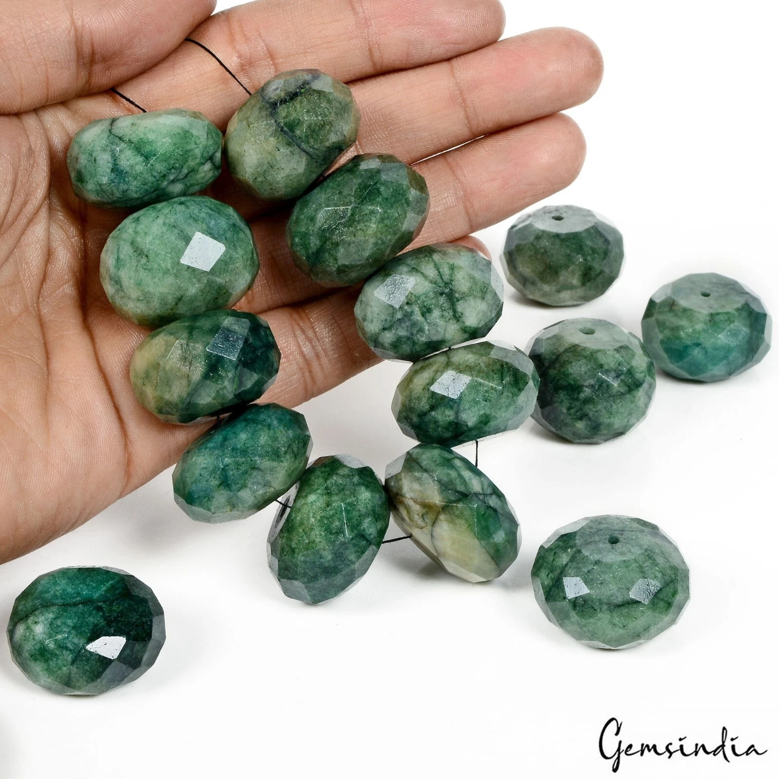 1500 Cts/15 Pcs Natural Green Emerald Gems Round Checker Cut Center Drill Beads