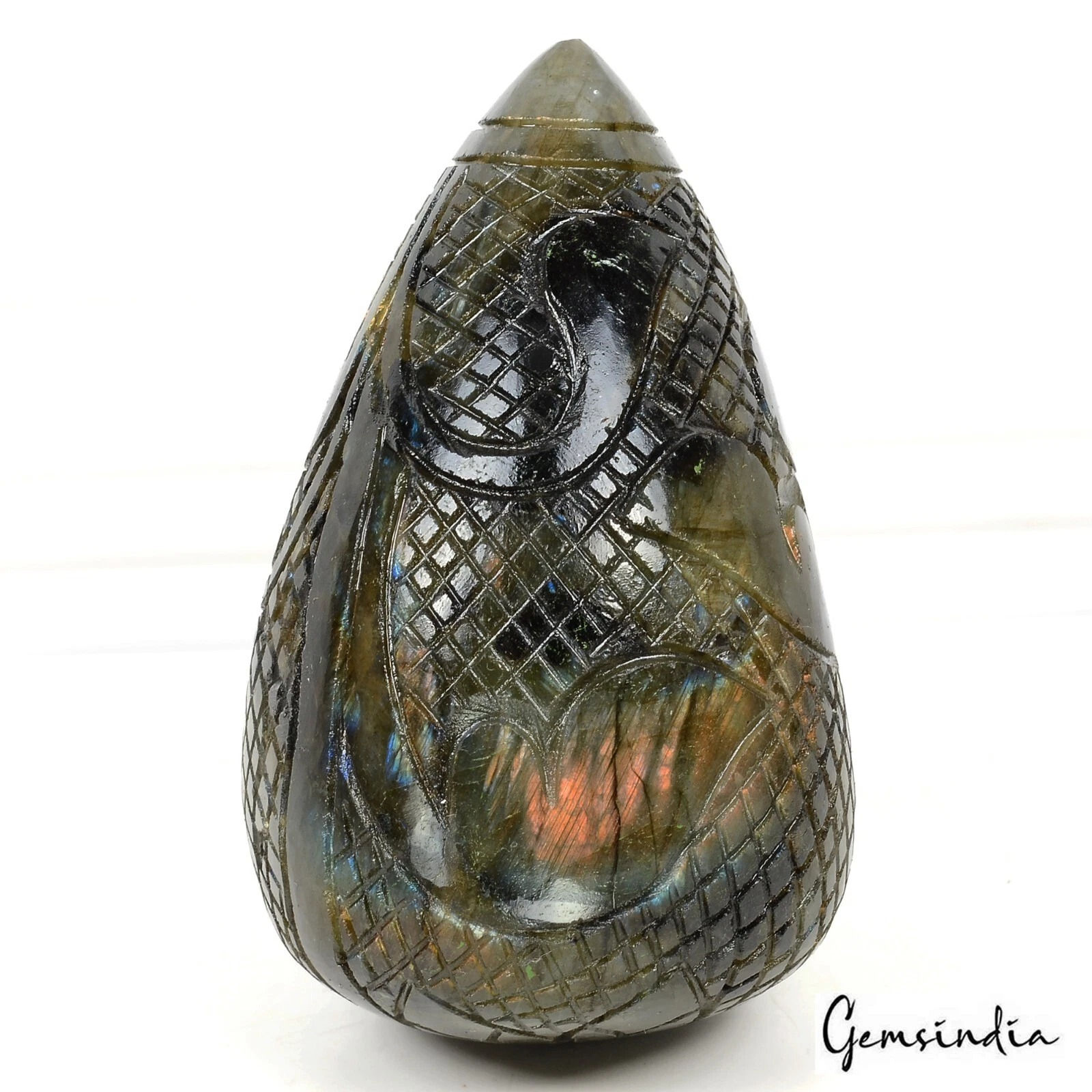 1400 Ct Natural Labradorite Peach Blue Shine Pear Drop Hand Carved Huge Gemstone